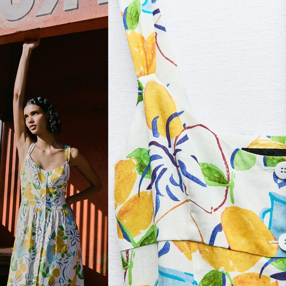 NEW ZARA linen blend printed dress 3611 dress size L - Picture 2 of 3
